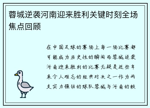蓉城逆袭河南迎来胜利关键时刻全场焦点回顾