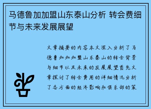 马德鲁加加盟山东泰山分析 转会费细节与未来发展展望